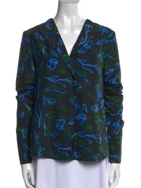 Woven Floral-Print V-Neck Blouse in Charcoal with Blue & Green Accents